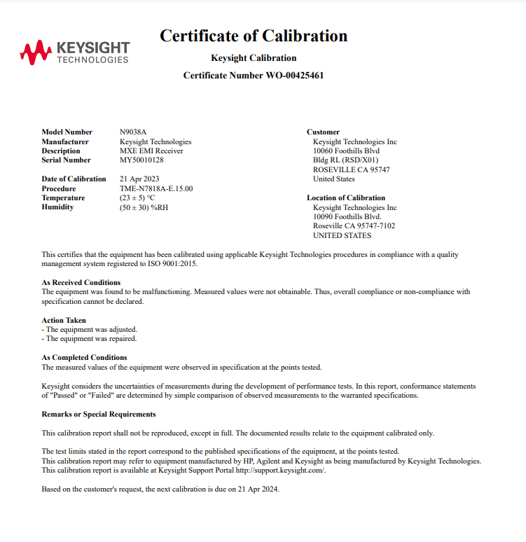Keysight N9038A-526 3 Hz to 26.5 GHz