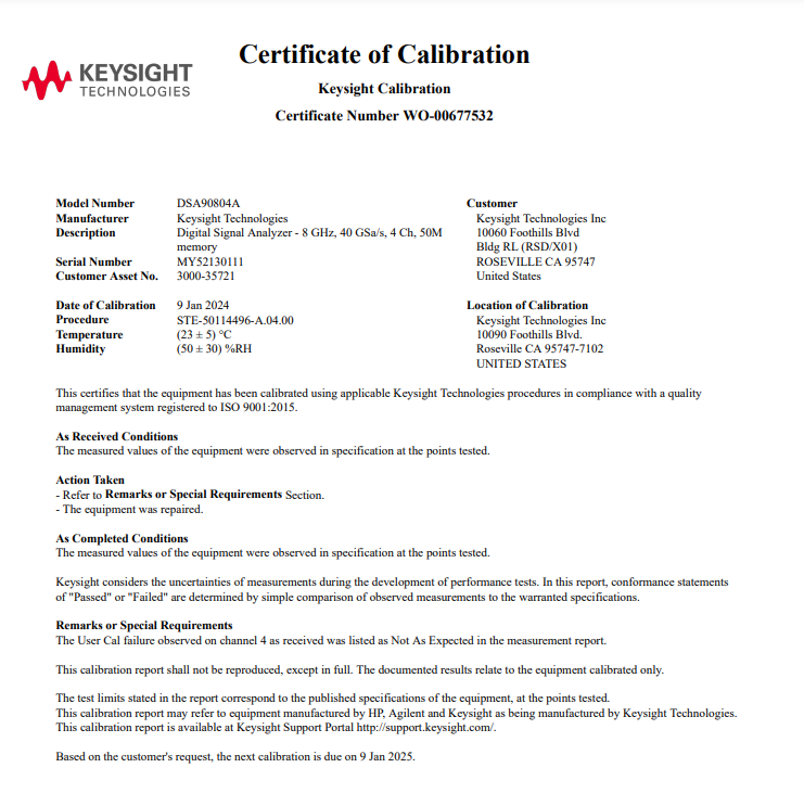 Keysight DSA90804A Infiniium High Performance Oscilloscope / 8GHz / 40GSa/s / 4 Channels / 50M Memory Keysight DSA90804A Infiniium High Performance Oscilloscope / 8GHz / 40GSa/s / 4 Channels / 50M Memory