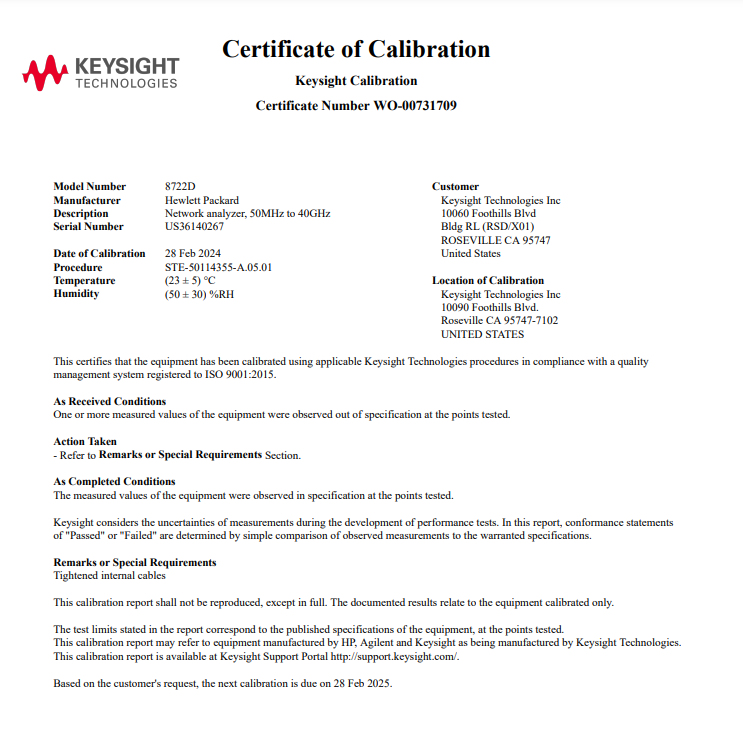 Keysight 8722D Microwave Vector Network Analyzer