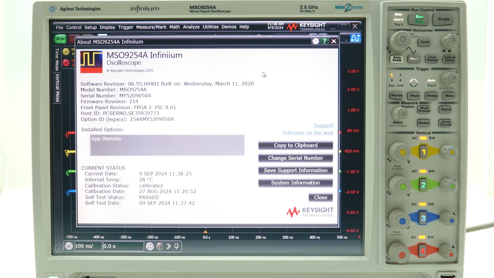 Keysight MSO9254A Infiniium Mixed Signal Oscilloscope / 2.5 GHz / 10/20 GSa/s / 4 Analog Plus 16 Digital Channels Keysight MSO9254A Infiniium Mixed Signal Oscilloscope / 2.5 GHz / 10/20 GSa/s / 4 Analog Plus 16 Digital Channels