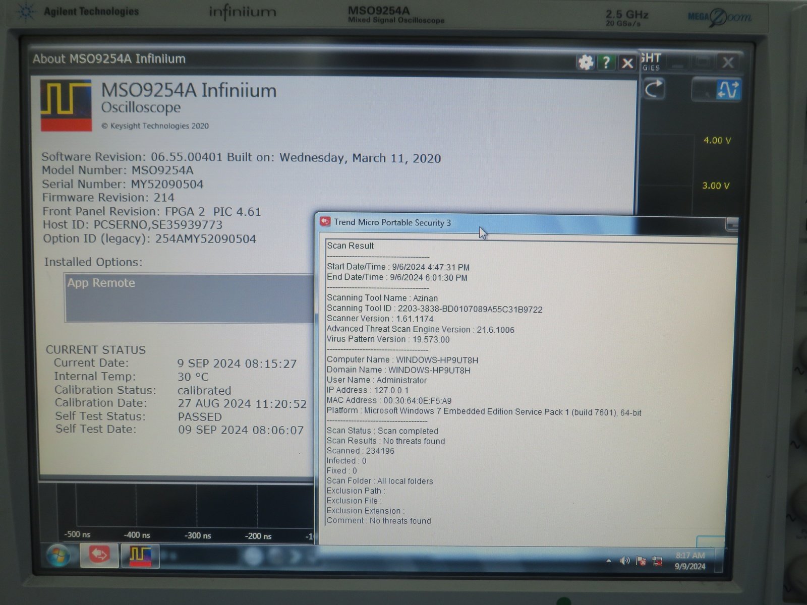 Keysight MSO9254A Infiniium Mixed Signal Oscilloscope / 2.5 GHz / 10/20 GSa/s / 4 Analog Plus 16 Digital Channels Keysight MSO9254A Infiniium Mixed Signal Oscilloscope / 2.5 GHz / 10/20 GSa/s / 4 Analog Plus 16 Digital Channels