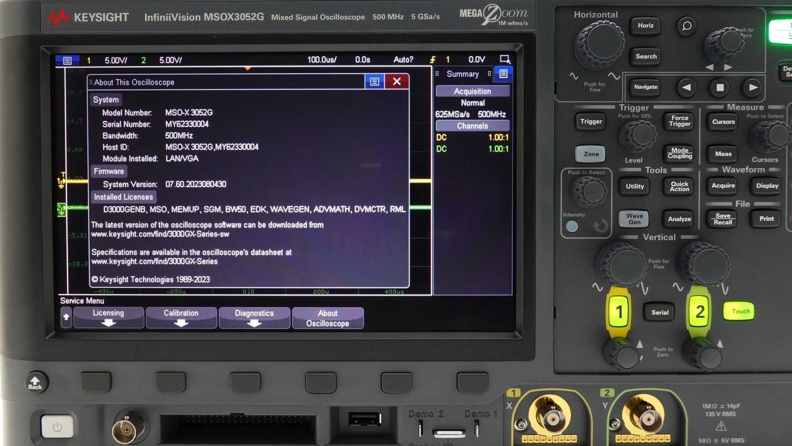 Keysight MSOX3052G Mixed Signal Oscilloscope / 500 MHz / 2 Analog Plus 16 Digital Channels