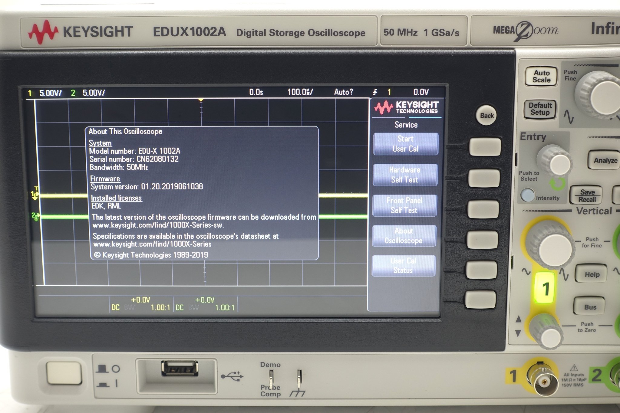 Keysight EDUX1002A InfiniiVision 1000 X-Series Oscilloscope / 50 MHz / 1 GSa/s / 2 Channels Keysight EDUX1002A InfiniiVision 1000 X-Series Oscilloscope / 50 MHz / 1 GSa/s / 2 Channels