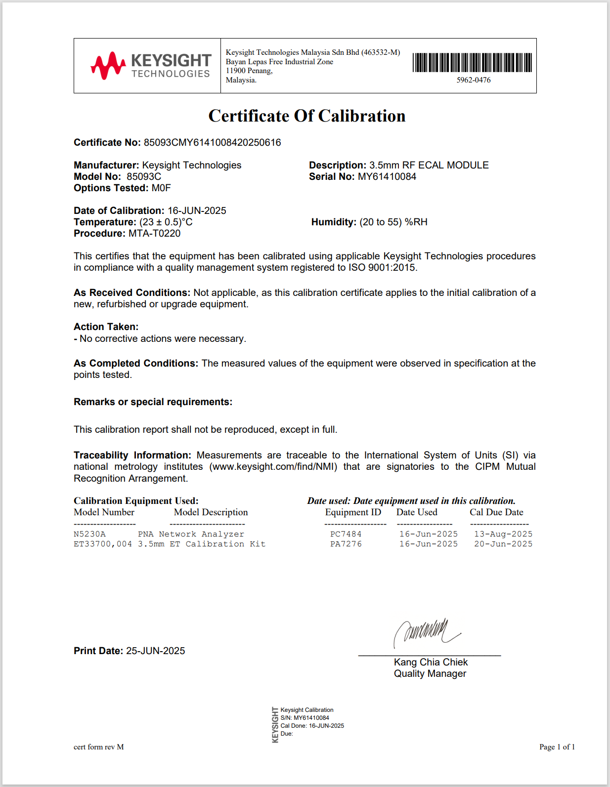 RF Electronic Calibration Module (ECal) / 300 kHz to 9 GHz / 3.5 mm / 2-port Keysight Used 85093C - Actual Instrument - Image 7