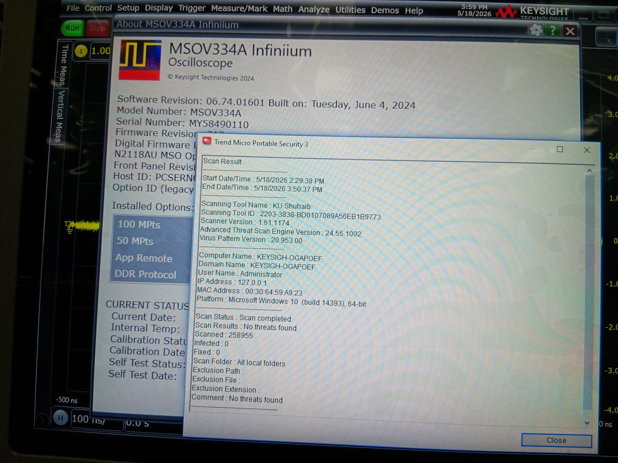 Mixed Signal Oscilloscope / 33 GHz / 4 Analog Plus 16 Digital Channels Keysight Used MSOV334A - Actual Instrument - Image 13